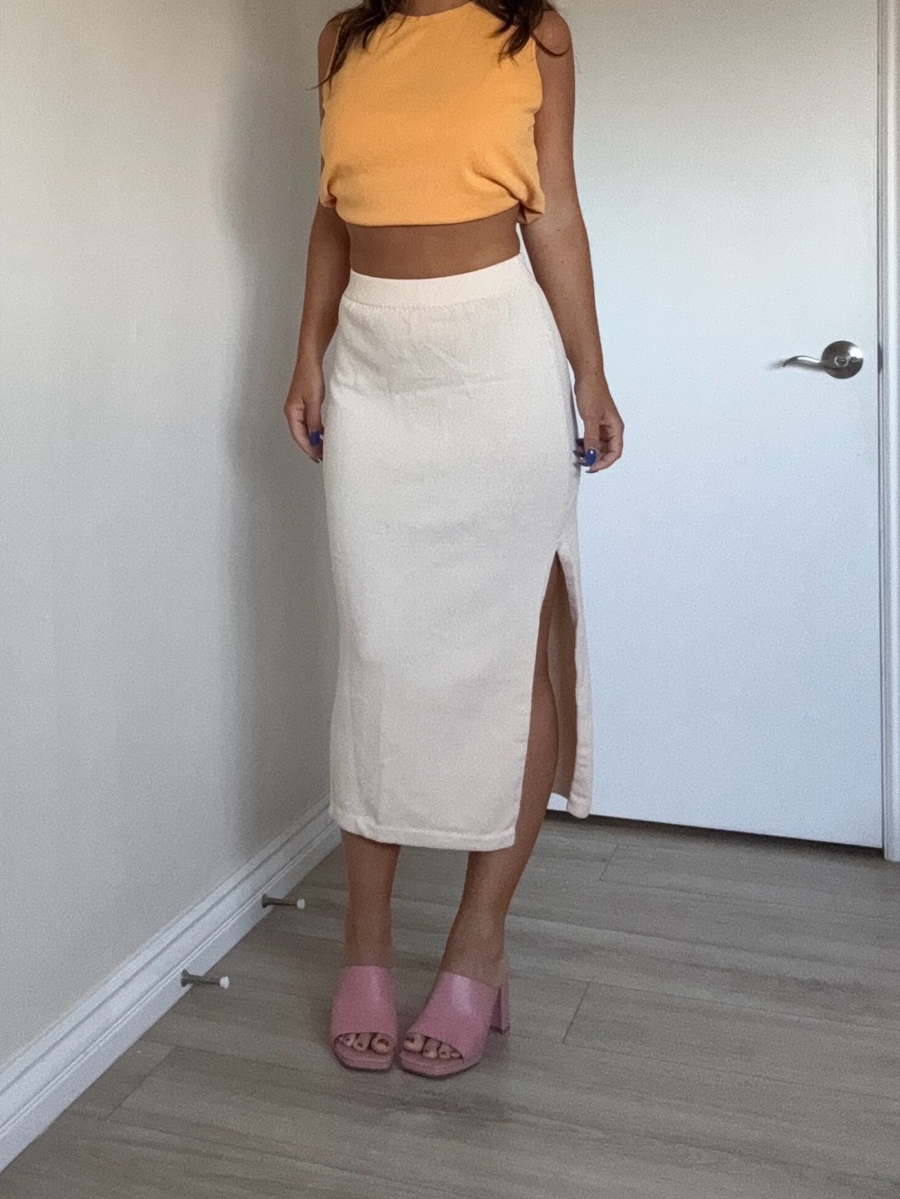 St. John Cream Midi Knit Pencil Skirt with Side Slit